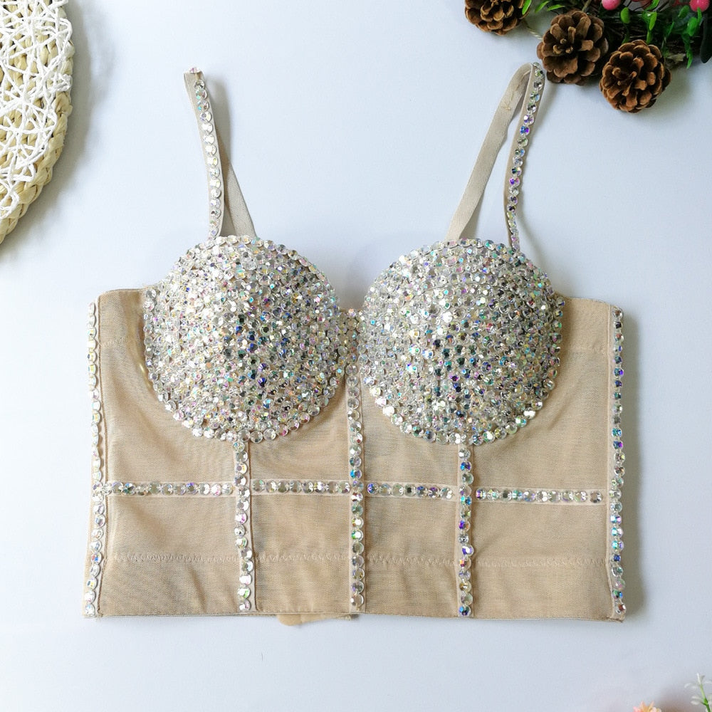 Sexy Crop Top Built In Bra Acrylic Shine Nightclub Party Women Top With Cups Push Up Bralette Female Corset Mesh Camis