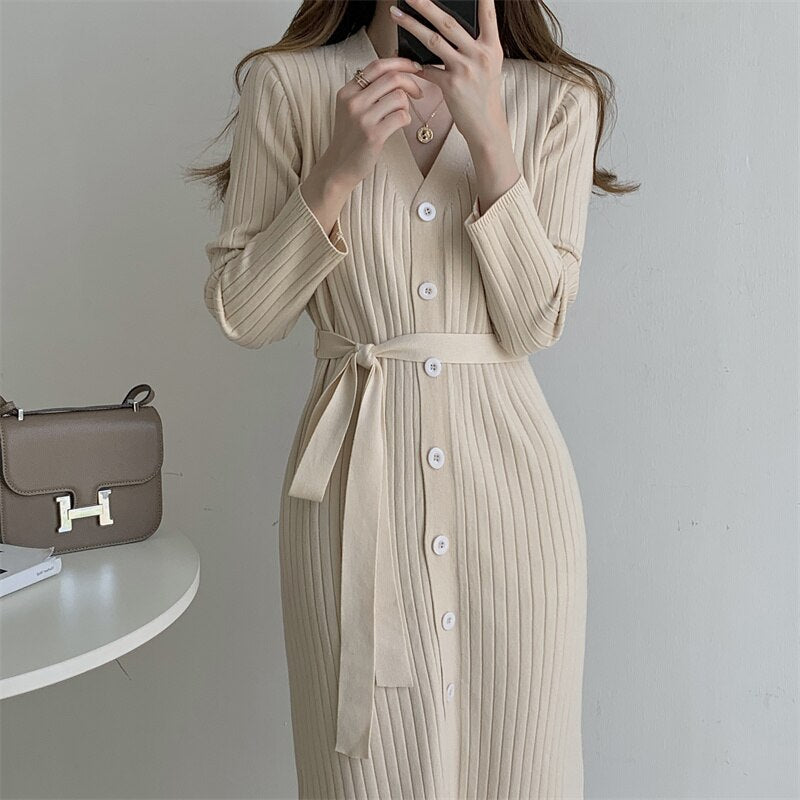V Neck Long Sleeve Belted Ribbed Knitted Dress Fall Winter Button Up Casual Midi Dress