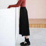 Women Black High Waist Pleated Skirts Korean Simple Style All-match Ladies A-line Long Skirt