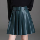 Korean Fashion Khaki Short High Waist Pleated Preppy Style Faux Leather Mini Skirts