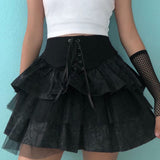 2021 Japanese Harajuku Style Black Pleated Skirts Lace Up Front Mesh Retro Punk Lolita Cake Mini School Girls Cute Casual Skirts