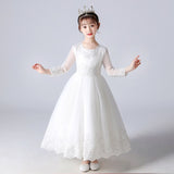 Girl White Princess Dress Long Sleeve Flower Girl Dress Birthday Party Dress Kids Formal Wear Wedding Party Dress