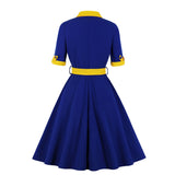 Women Retro Vintage Party Dress Bow Neck Patchwork Solid Color Swing Pin Up Rockabilly Jurken 50s 60s Casual Dresses With Belt