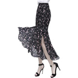 Women Chiffon Vintage High Waist Trumpet Flowers Print Black Long Skirt