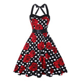 Elegant Summer Casual Rockabilly Retro Dress Women Sexy Halter Skull Flower Polka Dot Printed Vestido De Festa Midi Jurken