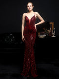 Women Strap Maxi Party Gown Sexy V Neck Sequin Prom Dress