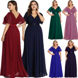 Plus Size Evening Dresses Long Elegant A Line V Neck Ruffles Chiffon Formal Wedding Party Dress
