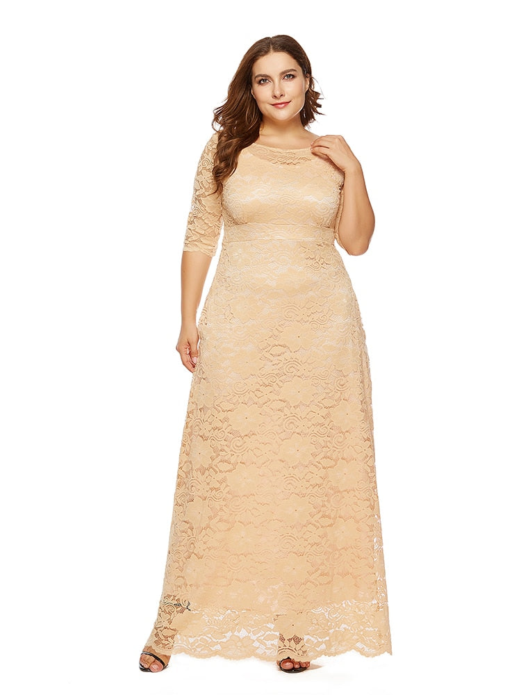 Plus Size 6xl O-neck Lace Evening Dress Hollowed out Prom Gown Have Pockets Formal Half Sleeve Dress