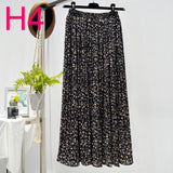 Summer New Vintage Floral Print Chiffon Pleated Skirt Elastic High Waist Casual Midi Skirt
