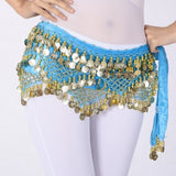 Women Sweet Bellydance Hip Scarf With Gold Coins Skirts Wrap Noisy Egyptian Dancing Hand Crocheted Bead Velvet Waist Belt