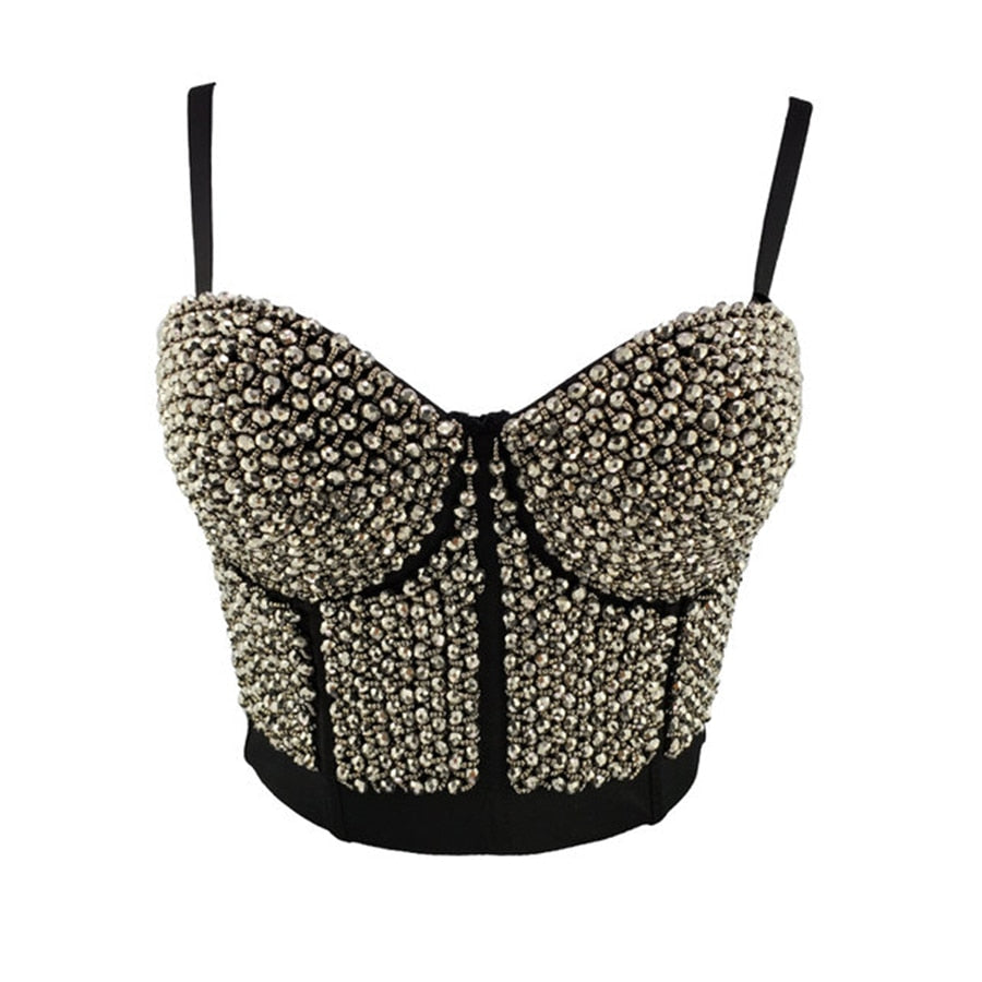 Acrylic Beads Shine Nightclub Party Tube Top With Built In Bra Push Up Bralette Crop Top Women Camis Tops