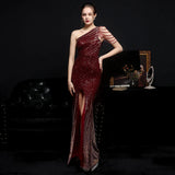 Elegant One Shoulder Slit Gold Sequin Evening Dress Women Beads Party Maxi Dress