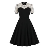 Dotted Mesh Elegant Party Wear Black Women Slim Robe A-Line Vintage Dress