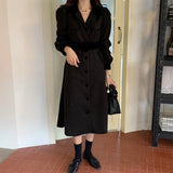 Lapel Collar Long Sleeve Button Up Shirt Dress With Belt Contrast Color Vintage Elegant Midi Dress