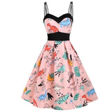 Multicolor Print Spaghetti Strap High Waist Pleated Pin Up Dress