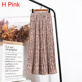 High Waist Floral Print Mid Calf Long Pleated Women Summer Vintage Elegant Chiffon Midi Skirt