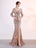 Sexy Backless V-Neck Long-Sleeve Evening Dress Split Floor-Length Formal Women Vestidoes Sequin Embroider Party Robes