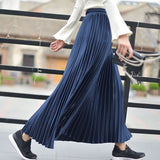 Autumn Winter Women Elastic High Waist Pleated A-Line Long Skirts