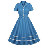 Elegant Blue Button Up Contrast Tape Hem Vintage Notched Collar Cotton Belted Retro A Line Dress