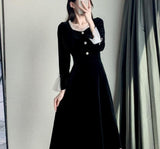 Velvet One Piece Dress Korean Fashion Black Vintage Midi Dresss Women Party Long Sleeve Bow Elegant Dress Slim Flounced Edge