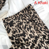 Elegant Vintage Leopard Print Pleated Elastic High Waist Long Chiffon Midi Skirt