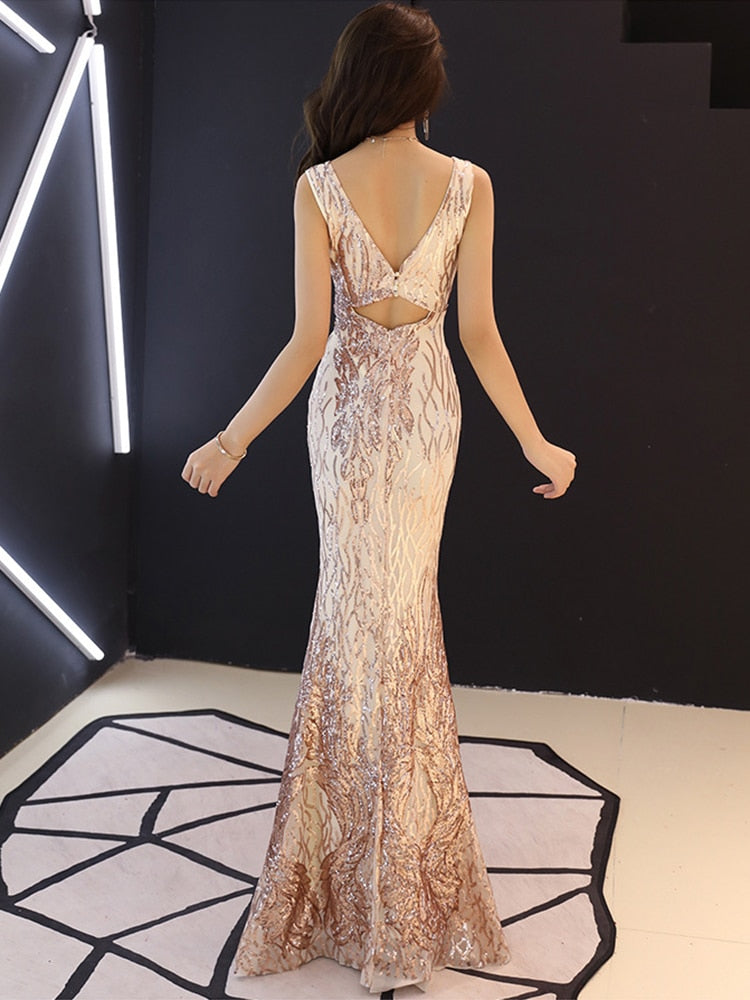 Champagne Gold Sequins Embroider Evening Dress Elegant Mermaid Tulle Formal V Neck Sleeveless Prom Gowns