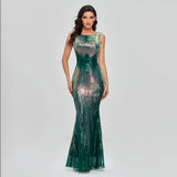 Sleeveless O-neck Evening Party Dress Shinning Sequins Mermaid Prom Gowns Elegant Slim Women Full Dress