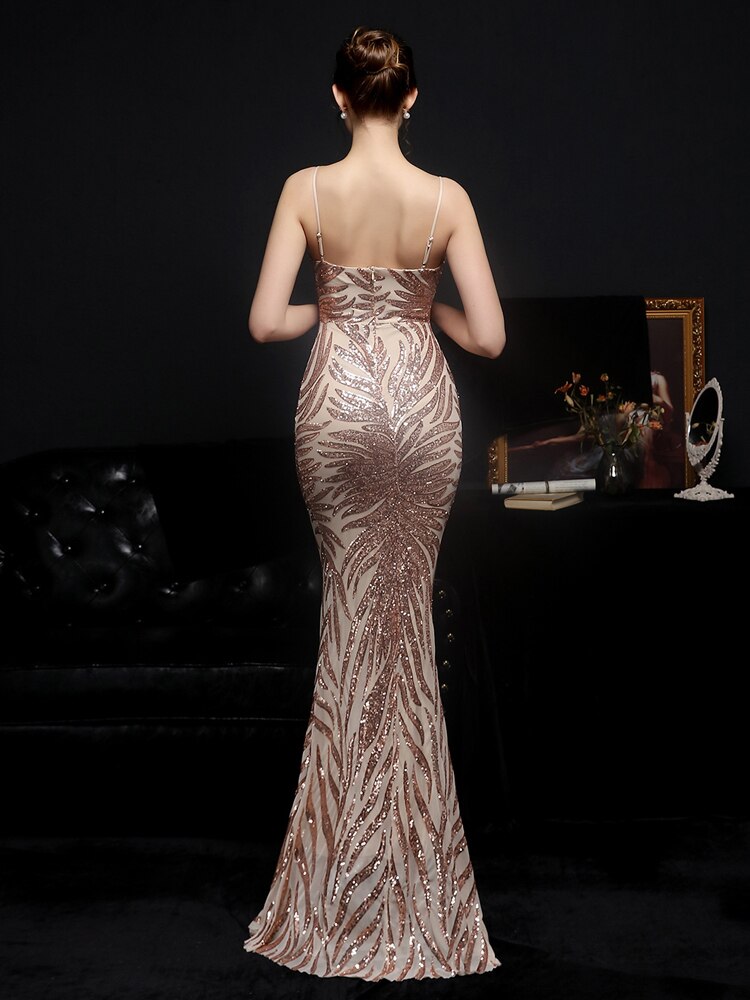 Women Gold Sequin Party Dress Strap Maxi Dress Sexy V Neck Evening Dress