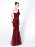 One-shoulder Tulle Sequins Evening Dress Long Mermaid Elegant Vestioes Prom Robe Burgundy White Formal Dress