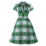 Button Front High Waist Plaid Vintage Robe Ruched Green Elegant Party V Neck Pocket Side Dress Plus Size