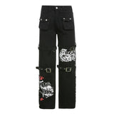 Hip Hop Jogger Eyelet Y2K Punk Skull Print Black Buckle Pants Harajuku Big Pocket Trousers Goth Mall Grunge Cargo Pants Techwear
