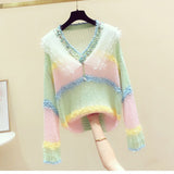 Women Long Sleeve V-Neck Knitted Rainbow Color Thin Mesh Patchwork Sweater Streetwear