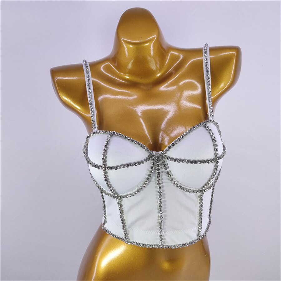 Autumn Sexy Shine Rhinestone Crop Top Stage Women Top With Cups Push Up Chest Female Corset Camis Clothes