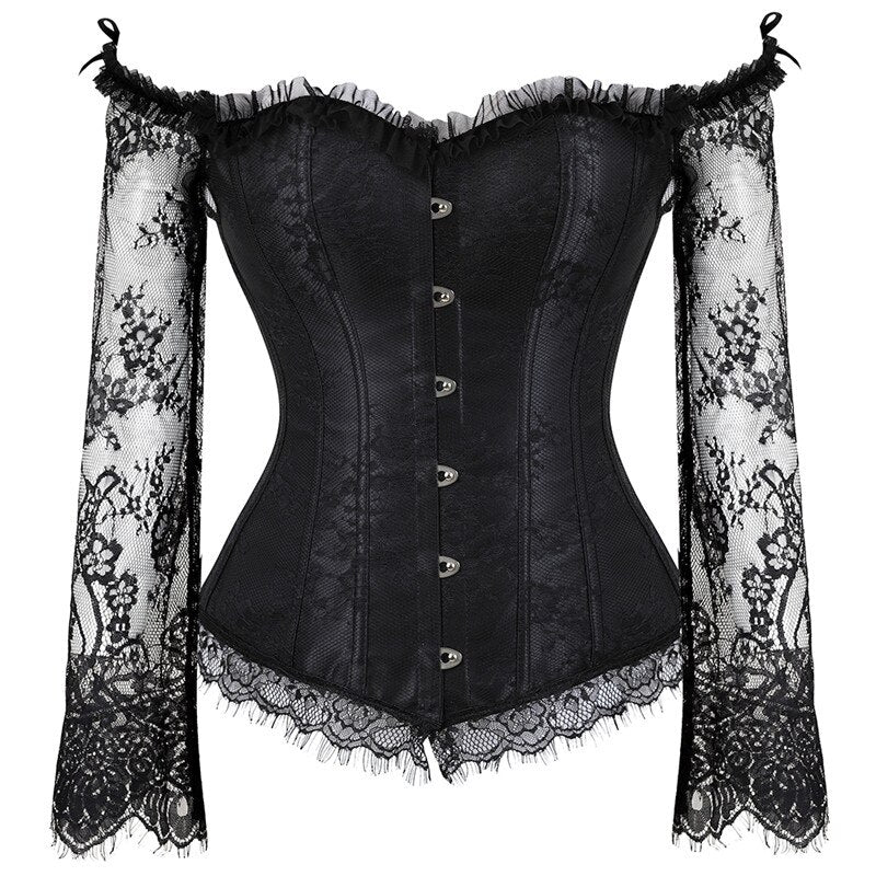 Corset Top Bustier Lingerie Women with Long Sleeves Renaissance Plus Size Lace Floral Sexy Costumes Burlesque Red Black White