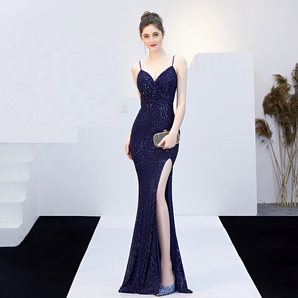 Sleeveless Sequins Sexy Backless Party Dress Spaghetti Straps Stretchy Formal Gowns Long Side Fork Robe De Soriee