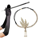 3pcs/set 1920s Flapper Great Gatsby Accessories Set Leaf Medallion Pearl Headband Black Gloves Cigarette Holder Costume