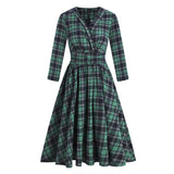 V-Neck High Waist Vintage Green Plaid Women Pleated Midi Dress 3/4 Length Sleeve Autumn Winter Swing Dresses
