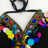 Women Sequin Halter Bra Salsa Belly Dance Boho Festival Club Tribal Top Colorful Beading Coins Tassel Lace-Up Cami Top