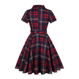 Autumn Swing Cotton Blue Red Plaid Rockabilly Dress 50s 60s Short Sleeve Office OL Women Summer Retro Vintage Dress with Belt