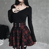 High Waist Mini Gothic Skirt Lace Up Front A-Line Checkered Harajuku Dancing Korean Style Sweat Short Punk Skirts Clubwear