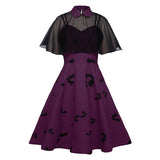 2021 Chiffon Cape Bat Print Elegant Summer Midi Dress High Waist Vintage Style 50s 60s Women Halloween Party Swing Dresses