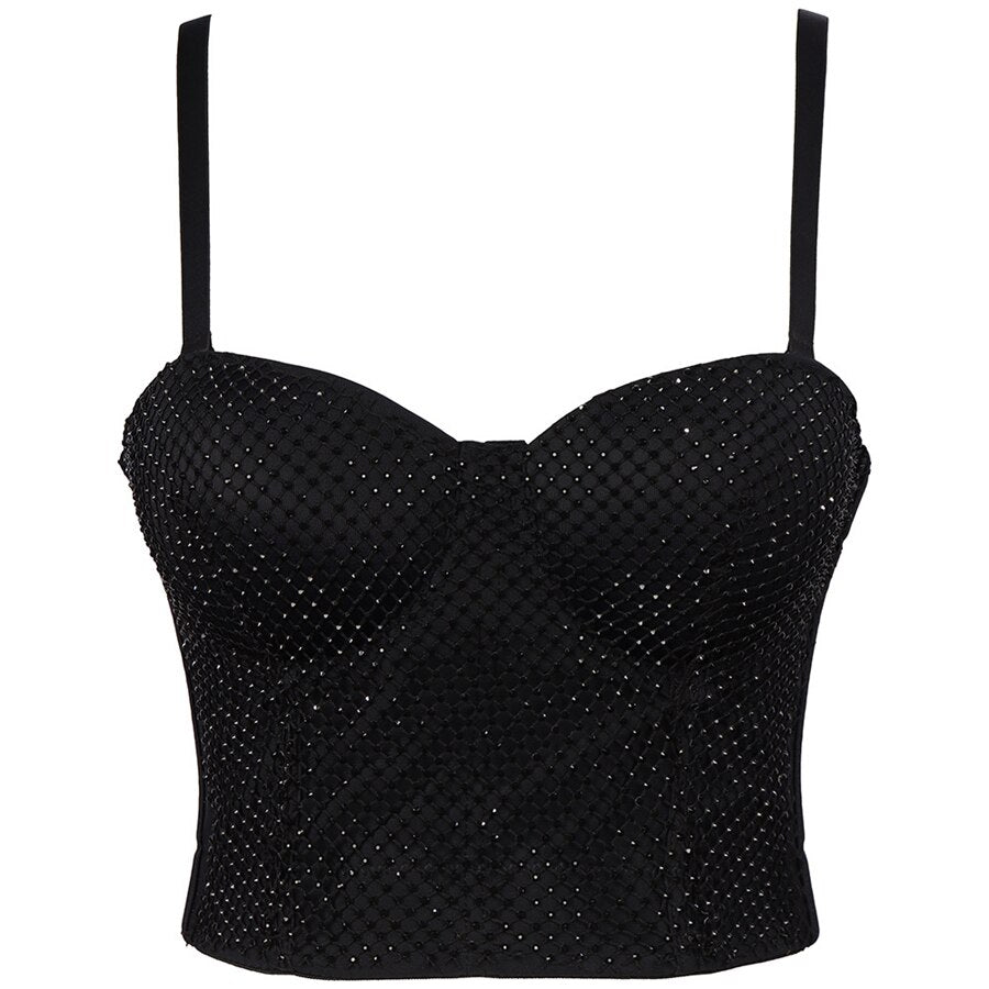 Mesh Top Acrylic Sexy Lingerie Night Club Party Sleeveless Corset Crop Top Push Up Bustier Camis Built in Bra