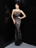 Slash Neck Sleeveless Shinning Sequin Sexy Mermaid Cocktail Dress Women Formal Full Length Stretch Slim Party Prom Gowns