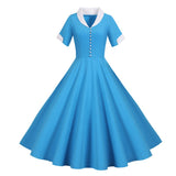 Blue Button Up Summer Casual Solid Fit and Flare Vintage Robe Elegant Polyester Dress