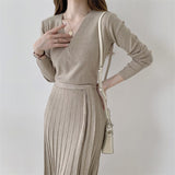 V Neck Long Sleeve Knitted Dress With Belt Autumn Winter Chic Elegant Pleated Midi Dress