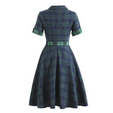 Blue and Green Plaid Vintage Women Button Up Shirt Dress with Belt