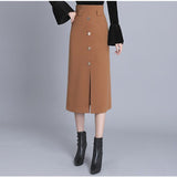 Autumn A-line Mid-Length Woolen Bag Hip High Waist Slit Skirts
