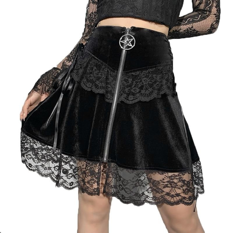Grunge Lace Zipper Up Mini Women Skirts Velvet Autumn Vintage Mall Goth Punk High Waist Black Lace Trim Emo Alternative Skirts