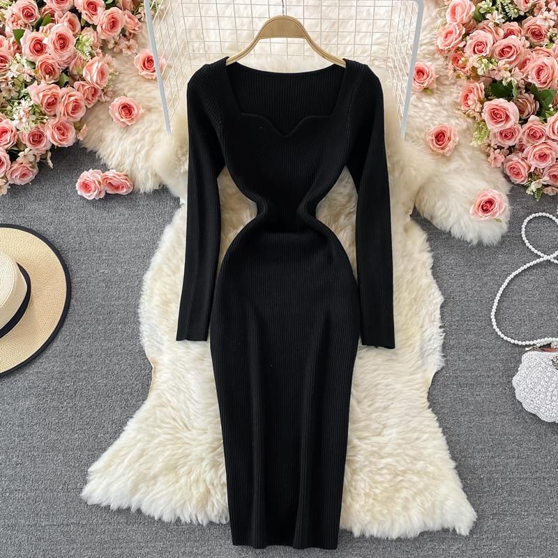 Elegant Midi Dress Fall Winter Women Long Sleeve Thick Warm Knitted Dress Sweetheart Neck Party Sexy Bodycon Dress
