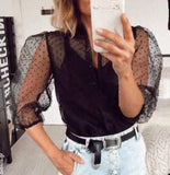 2021 Spring Summer Polka Dot Lace Blouse Women Mesh Puff Sleeve Shirts Fashion Slim Square Collar Tops Female Blouse Shirt